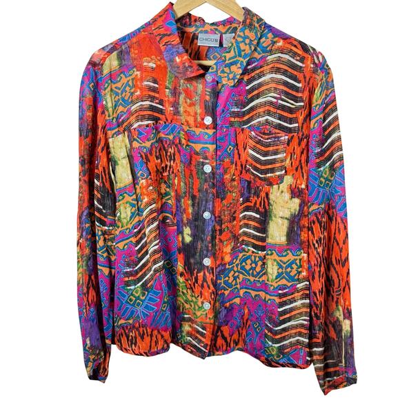 VTG Chicos Silk Womens Button Down top Blouse Multicolor Print Boho XL 90s 80s - Picture 1 of 8